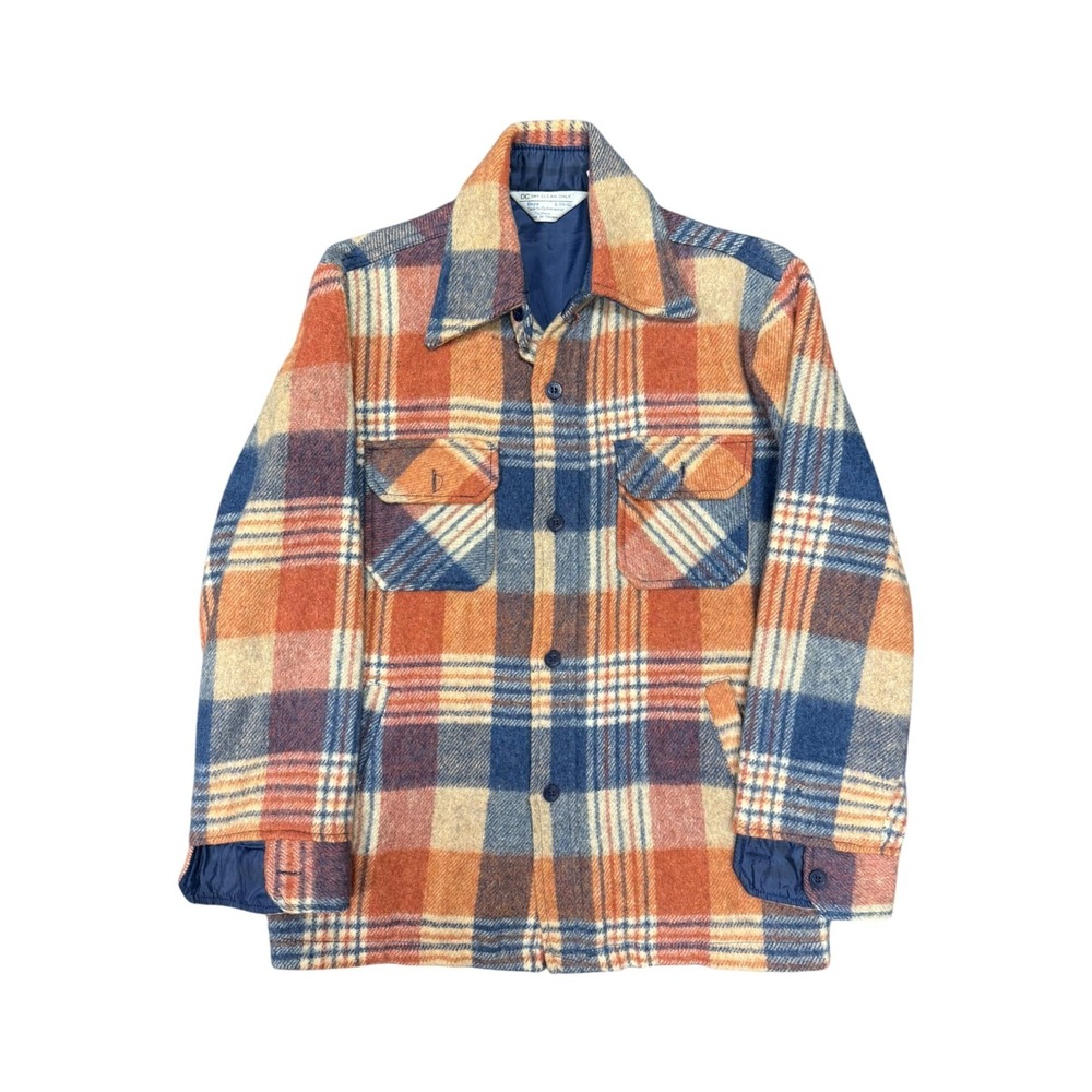 JC Penney Flannel Jacket Boys L Orange Blue Plaid Excellent 70s Vintage Shacket